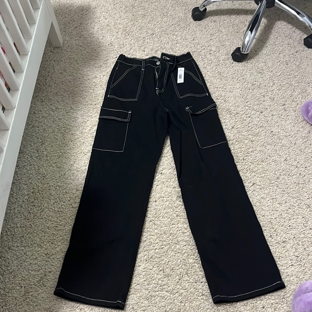 Black cargos with white stitching